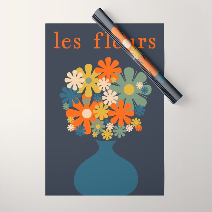 Les Fleurs Retro Flowers in Vase Blue Orange Wrapping Paper Gallery Image 1