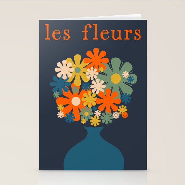 Les Fleurs Retro Flowers in Vase Blue Orange Stationery Card Gallery Image 2
