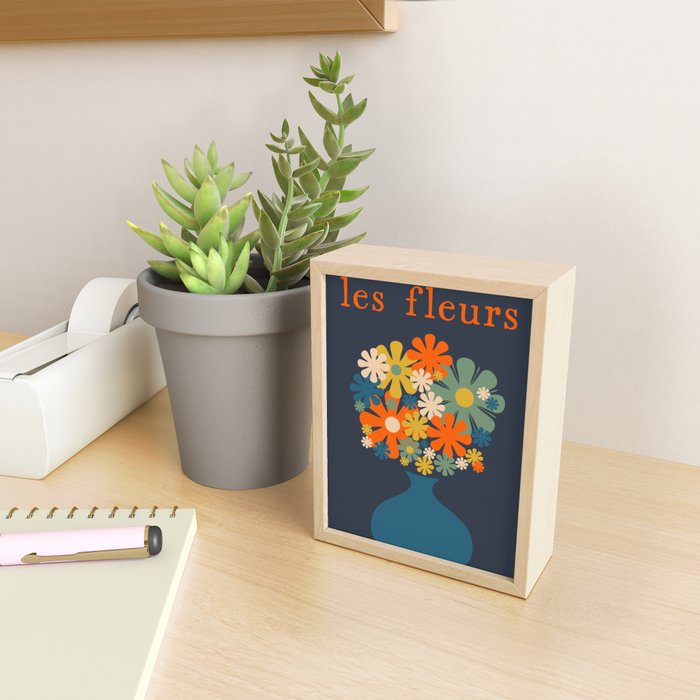 Les Fleurs Retro Flowers in Vase Blue Orange Mini Art Print Gallery Image 2