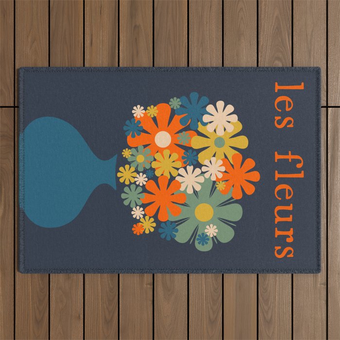 Les Fleurs Retro Flowers in Vase Blue Orange Outdoor Rug Gallery Image 1