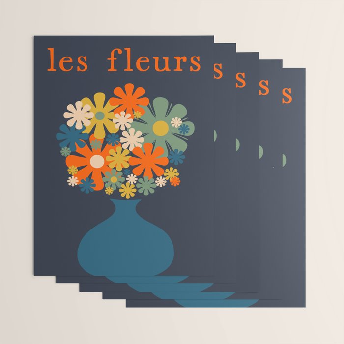 Les Fleurs Retro Flowers in Vase Blue Orange Wrapping Paper Gallery Image 3