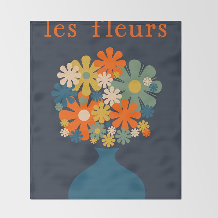 Les Fleurs Retro Flowers in Vase Blue Orange Throw Blanket Gallery Image 2