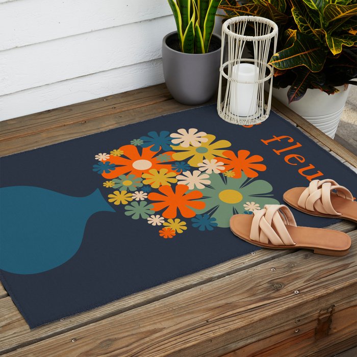 Les Fleurs Retro Flowers in Vase Blue Orange Outdoor Rug Gallery Image 2