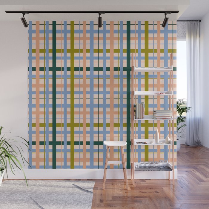Gingham Pattern - green, blue and orange colors Wall Mural Gallery Image 1