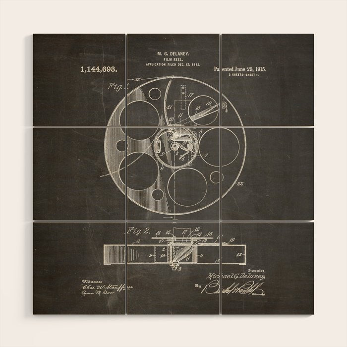 Film Reel Patent - Classic Cinema Art - Black Chalkboard Wood Wall Art Gallery Image 1