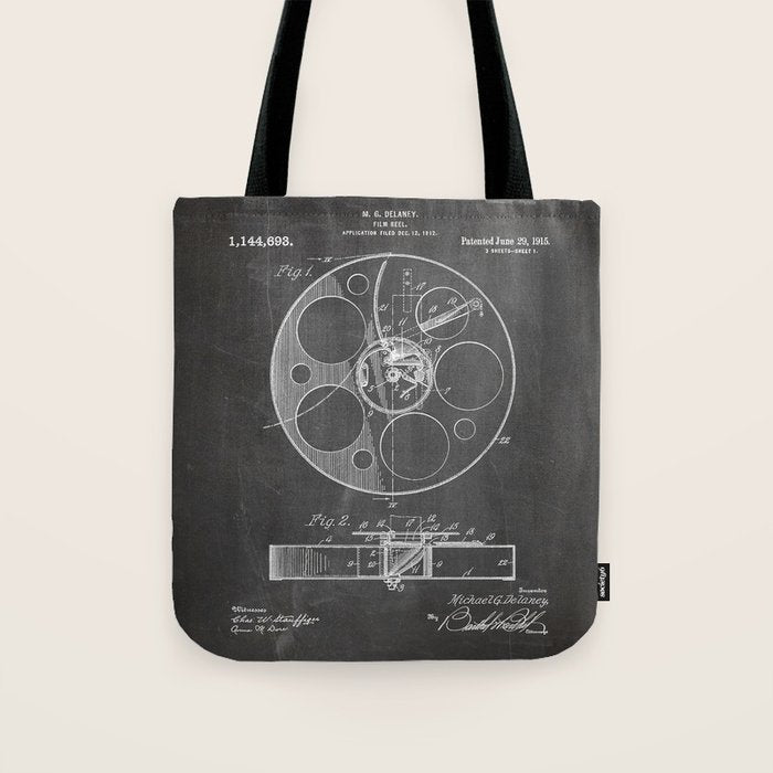Film Reel Patent - Classic Cinema Art - Black Chalkboard Tote Bag Gallery Image 1