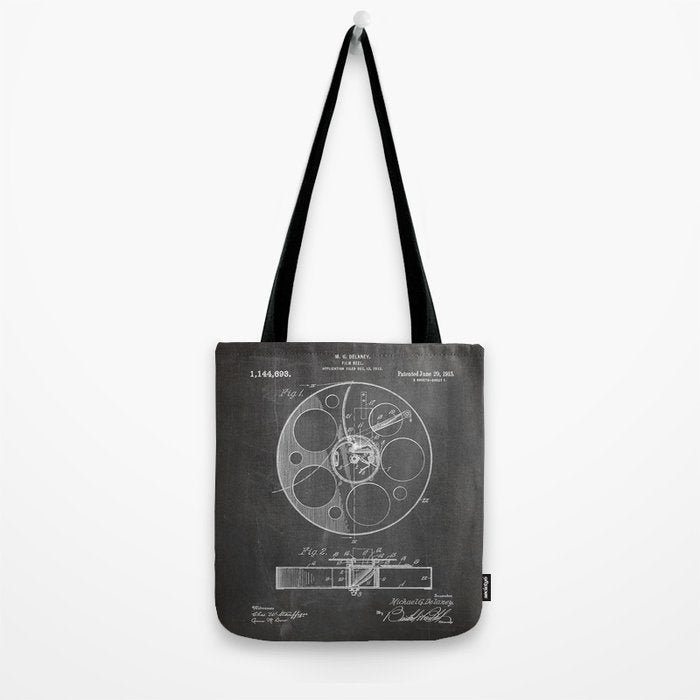 Film Reel Patent - Classic Cinema Art - Black Chalkboard Tote Bag Gallery Image 2