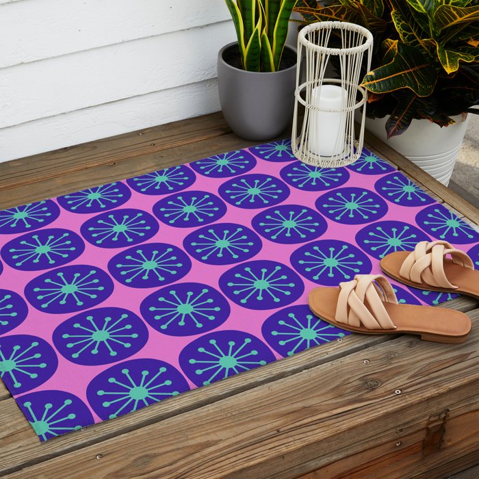 Mid Century Modern Atomic Dots Retro Pattern Purple Pink Outdoor Rug Gallery Image 2