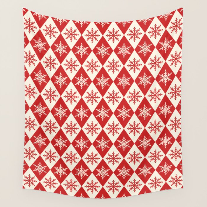 Festive Red & White Snowflake Pattern Wall Tapestry Gallery Image 1