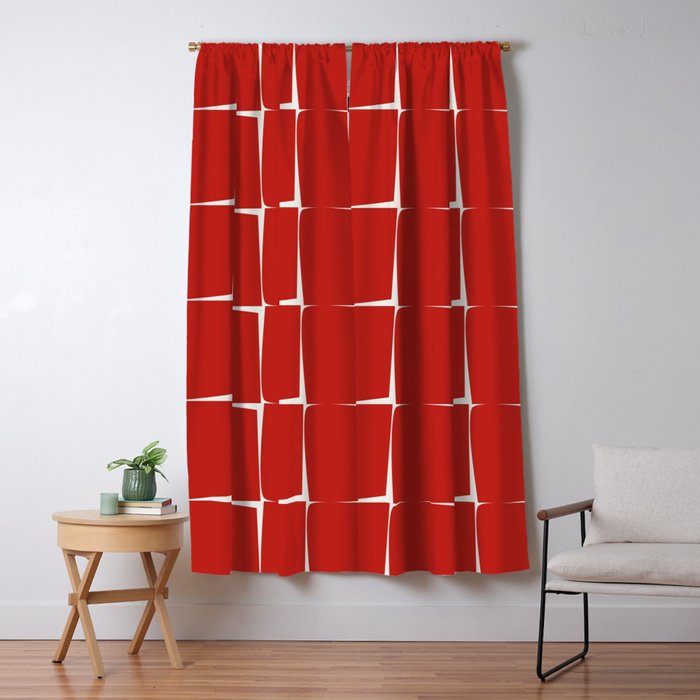 Mid Century Modern Flux Minimalist Check Grid Pattern in Red and Cream Window Curtain Gallery Image 5