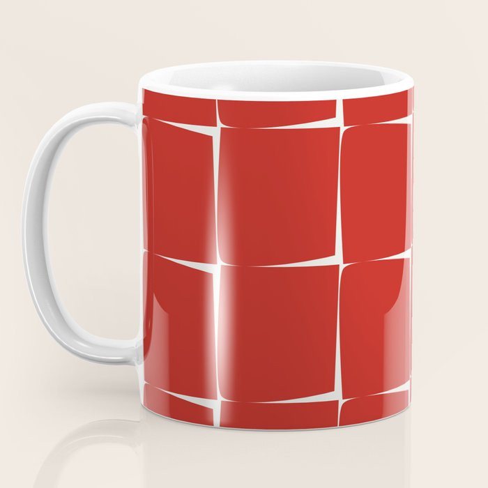 Mid Century Modern Flux Minimalist Check Grid Pattern in Red and Cream Coffee Mug Gallery Image 3