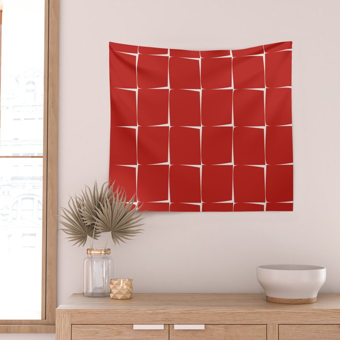 Mid Century Modern Flux Minimalist Check Grid Pattern in Red and Cream Wall Tapestry Gallery Image 2