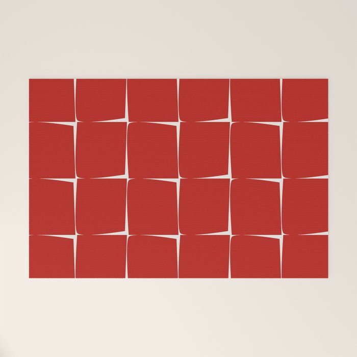 Mid Century Modern Flux Minimalist Check Grid Pattern in Red and Cream Welcome Mat Gallery Image 1
