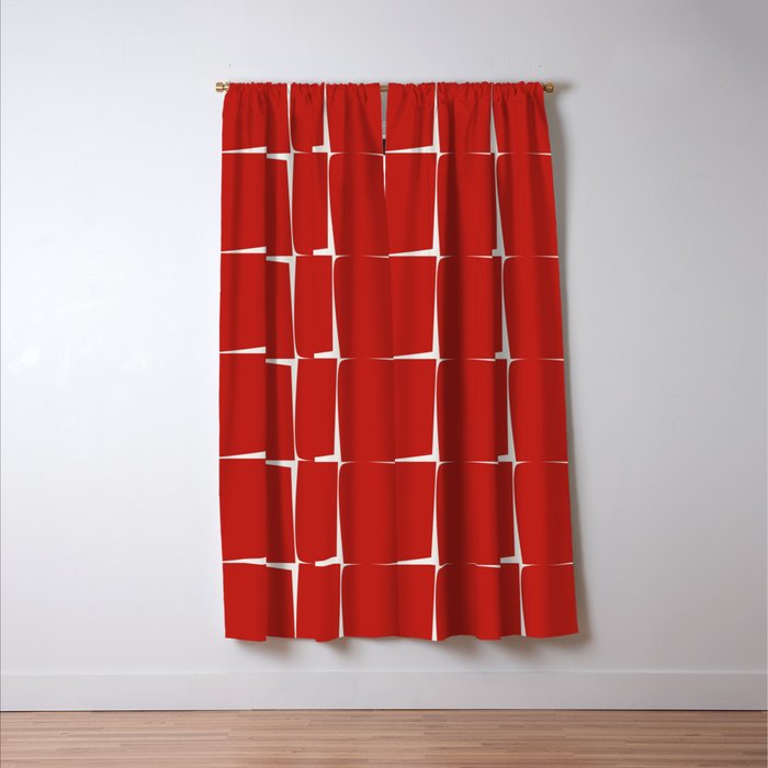 Mid Century Modern Flux Minimalist Check Grid Pattern in Red and Cream Window Curtain Gallery Image 3