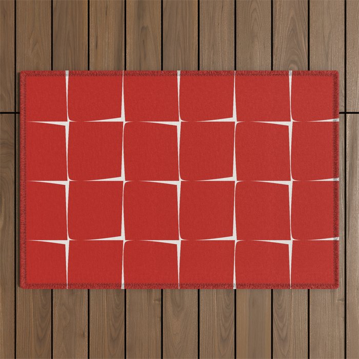 Mid Century Modern Flux Minimalist Check Grid Pattern in Red and Cream Outdoor Rug Gallery Image 1