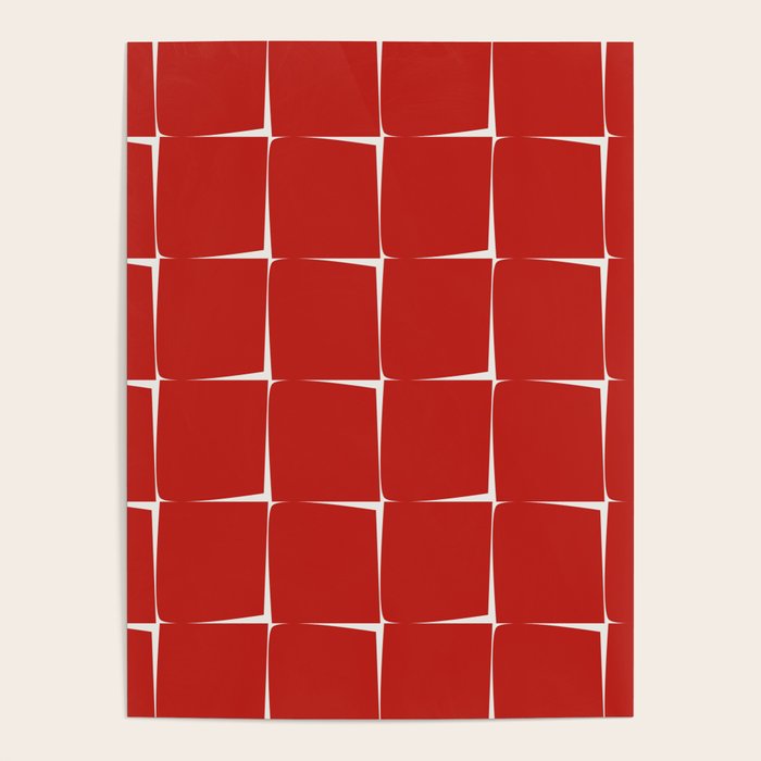 Mid Century Modern Flux Minimalist Check Grid Pattern in Red and Cream Poster Gallery Image 4