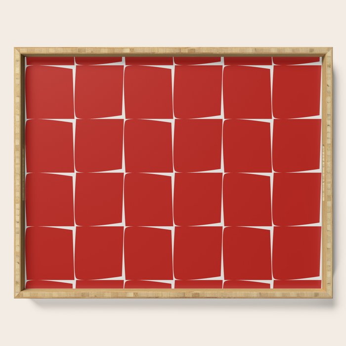 Mid Century Modern Flux Minimalist Check Grid Pattern in Red and Cream Serving Tray Gallery Image 1