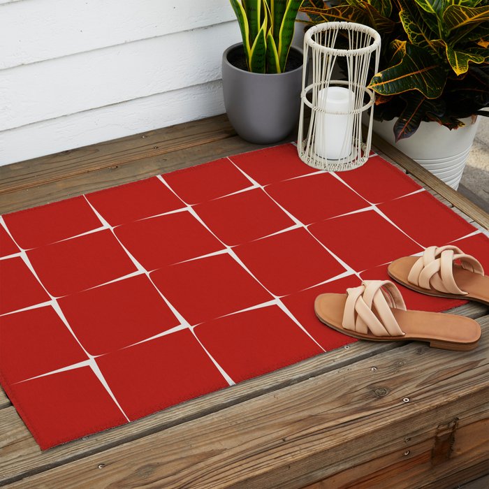 Mid Century Modern Flux Minimalist Check Grid Pattern in Red and Cream Outdoor Rug Gallery Image 2
