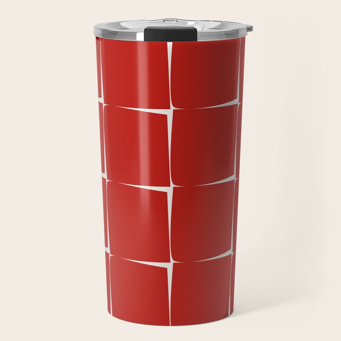 Mid Century Modern Flux Minimalist Check Grid Pattern in Red and Cream Travel Mug Gallery Image 1
