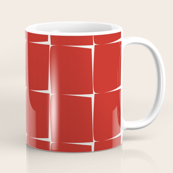 Mid Century Modern Flux Minimalist Check Grid Pattern in Red and Cream Coffee Mug Gallery Image 1