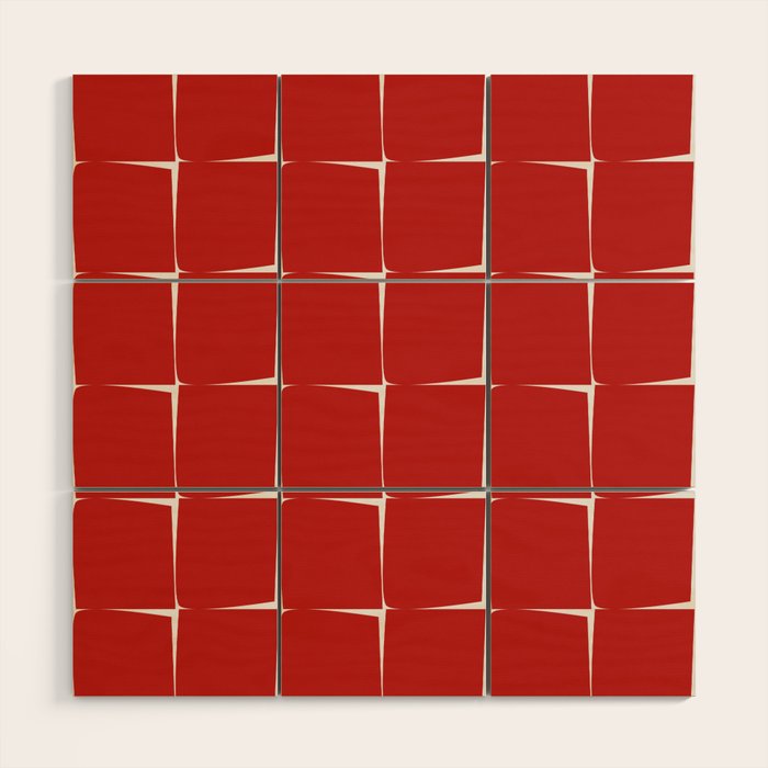 Mid Century Modern Flux Minimalist Check Grid Pattern in Red and Cream Wood Wall Art Gallery Image 1