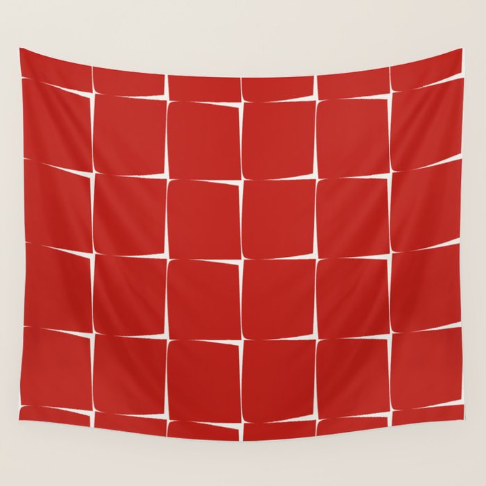 Mid Century Modern Flux Minimalist Check Grid Pattern in Red and Cream Wall Tapestry Gallery Image 4