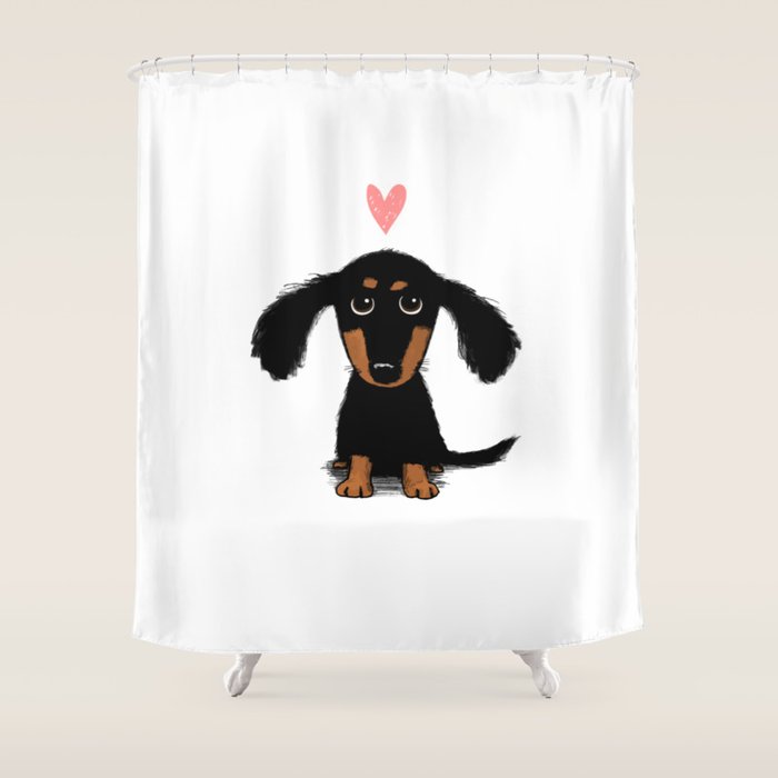 Dachshund Love | Cute Longhaired Black and Tan Wiener Dog Shower Curtain Gallery Image 1