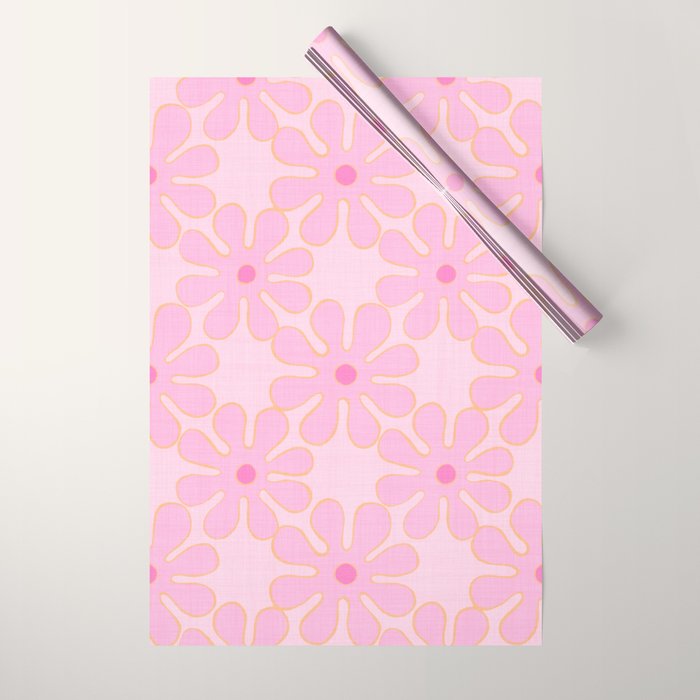 Pink Floral 70s Style Groovy Flowers Wrapping Paper Gallery Image 1