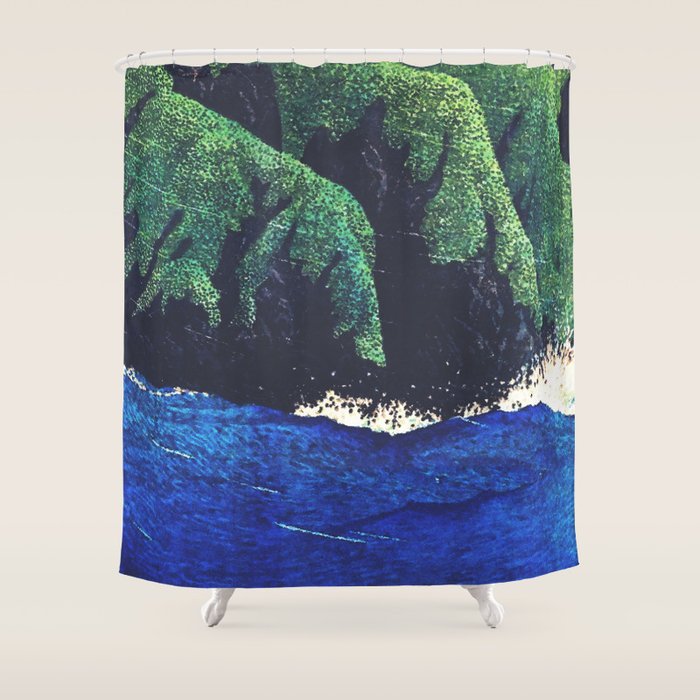 Haka Shore - Nature Ukiyo Landscape in Green & Blue Shower Curtain Gallery Image 1