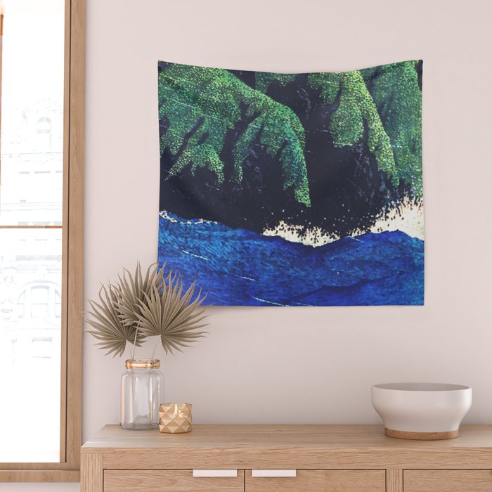Haka Shore - Nature Ukiyo Landscape in Green & Blue Wall Tapestry Gallery Image 2