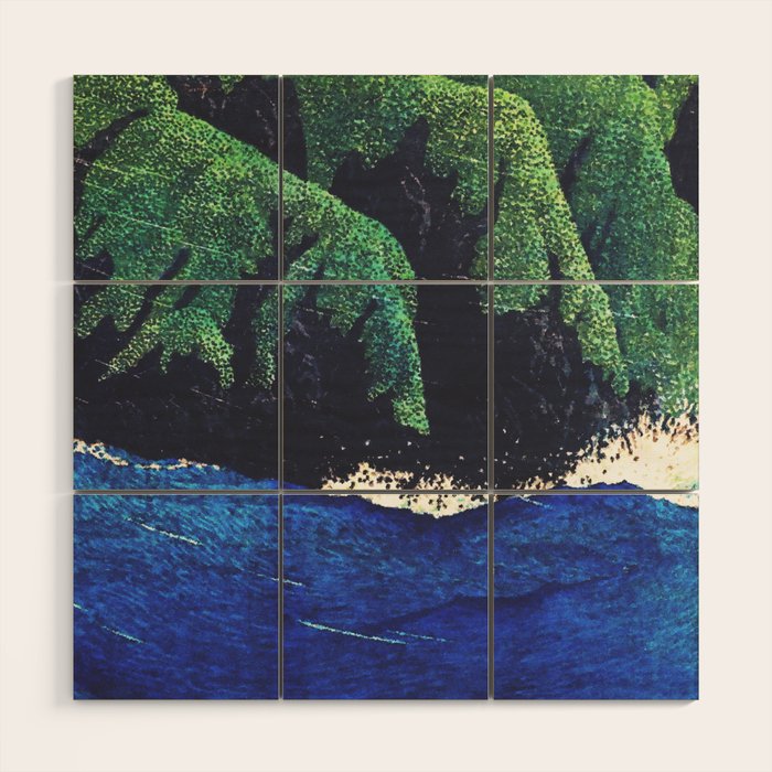 Haka Shore - Nature Ukiyo Landscape in Green & Blue Wood Wall Art Gallery Image 1