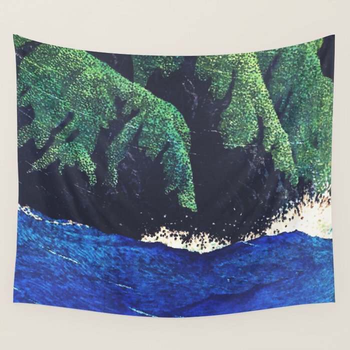 Haka Shore - Nature Ukiyo Landscape in Green & Blue Wall Tapestry Gallery Image 4