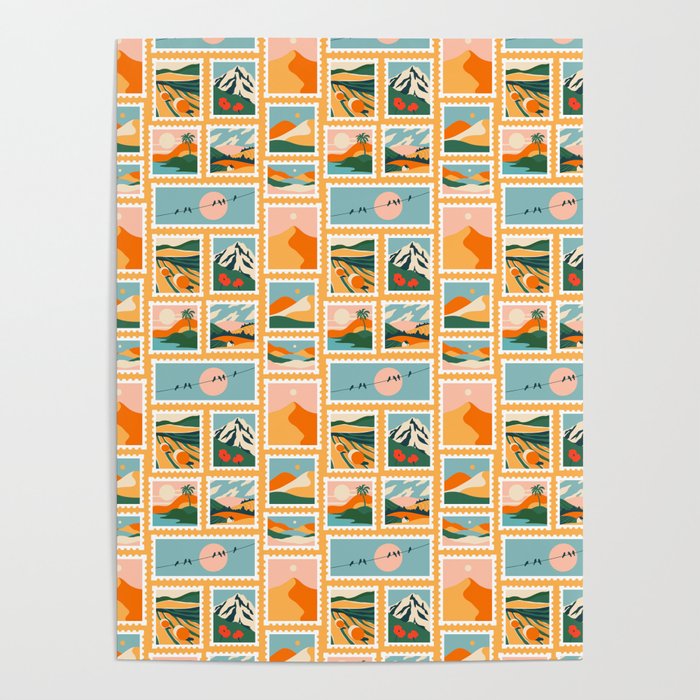 Vintage nature landscape post card stamp pattern Poster Gallery Image 4