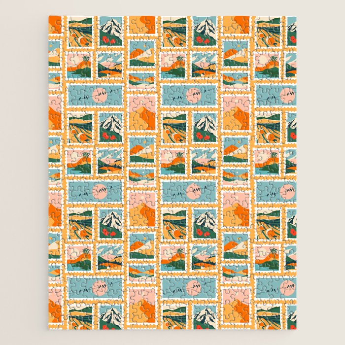 Vintage nature landscape post card stamp pattern Jigsaw Puzzle Gallery Image 1