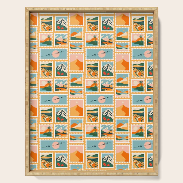 Vintage nature landscape post card stamp pattern Serving Tray Gallery Image 1