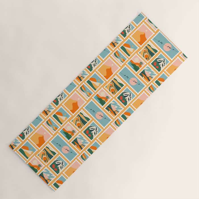 Vintage nature landscape post card stamp pattern Yoga Mat Gallery Image 1