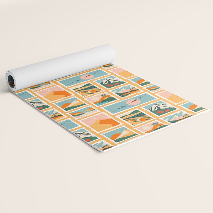 Vintage nature landscape post card stamp pattern Yoga Mat Gallery Image 2
