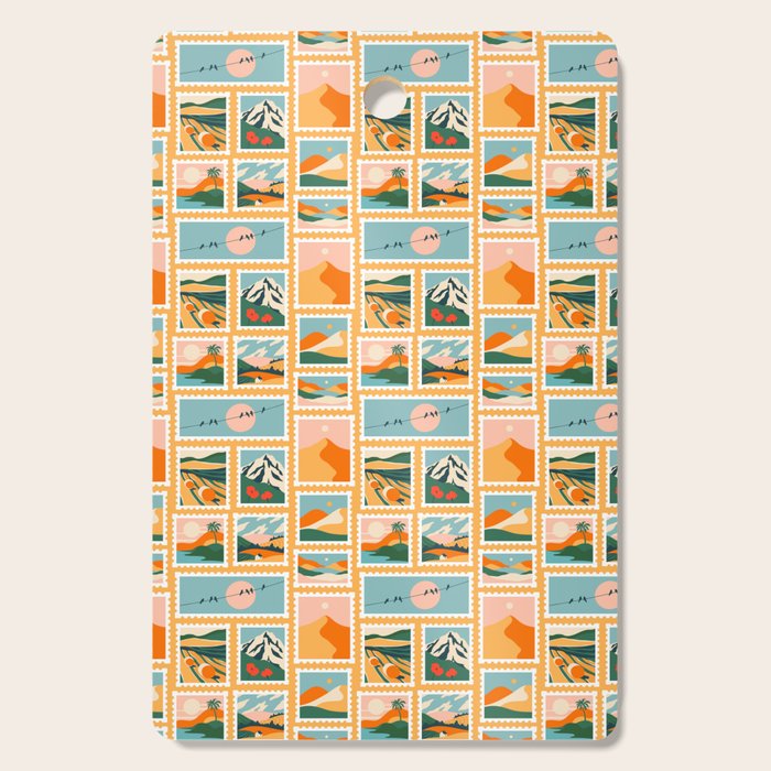 Vintage nature landscape post card stamp pattern Cutting Board Gallery Image 1