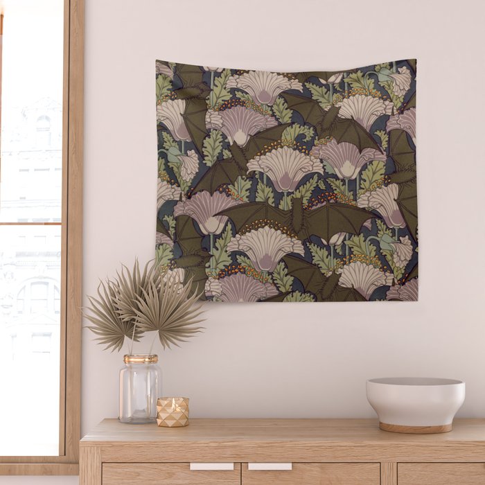 Vintage Art Deco Bat and Flowers Wall Tapestry Gallery Image 2
