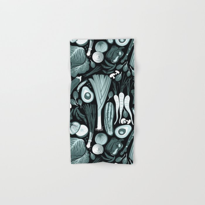 Go veggie // black background pine and mint vegetables Bath Towel Gallery Image 1