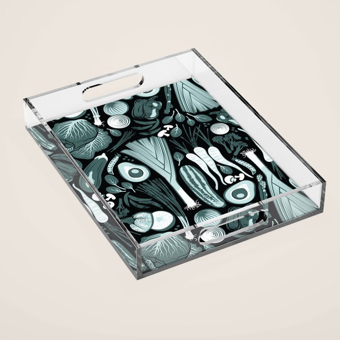Go veggie // black background pine and mint vegetables Acrylic Tray Gallery Image 1