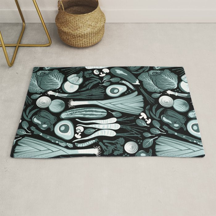 Go veggie // black background pine and mint vegetables Rug Gallery Image 1