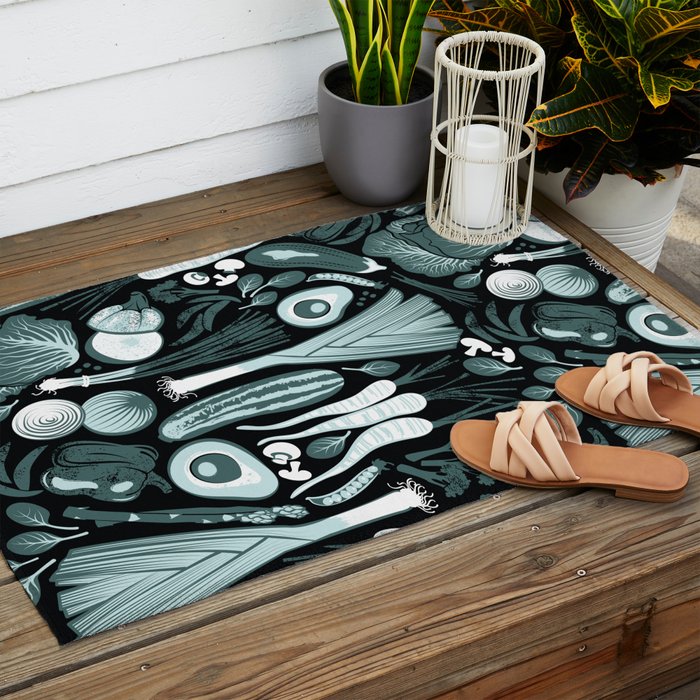 Go veggie // black background pine and mint vegetables Outdoor Rug Gallery Image 2