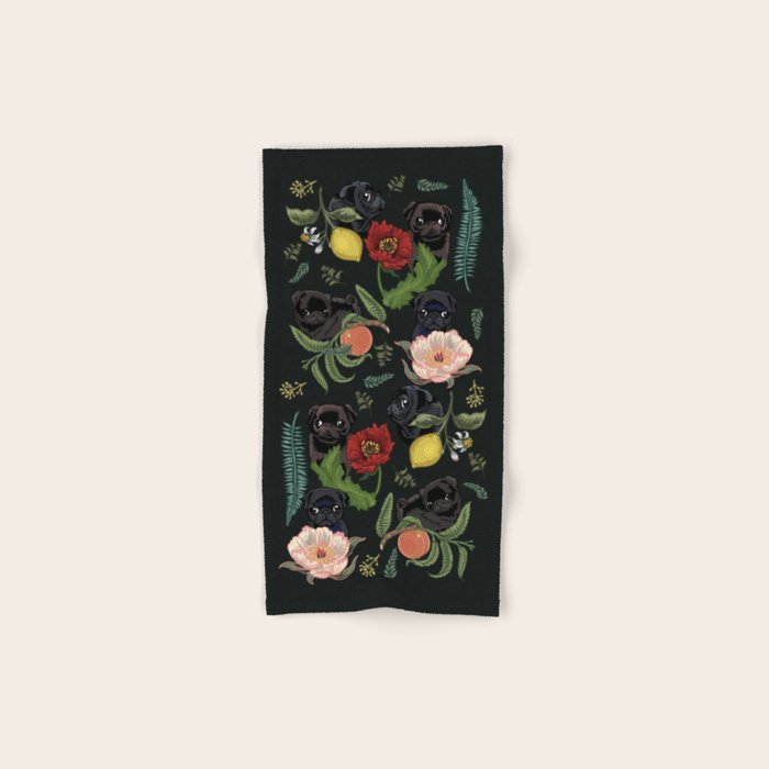 Botanical and Black Pugs Bath Towel Gallery Image 1