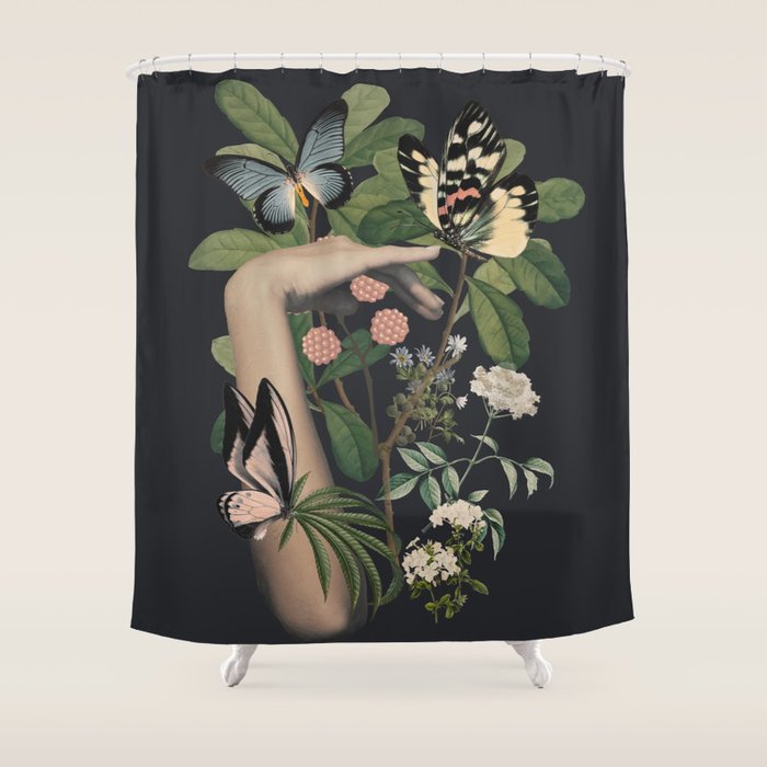 Minimal Collage/ Hand, Plants and Butterflies 5 Shower Curtain Gallery Image 1