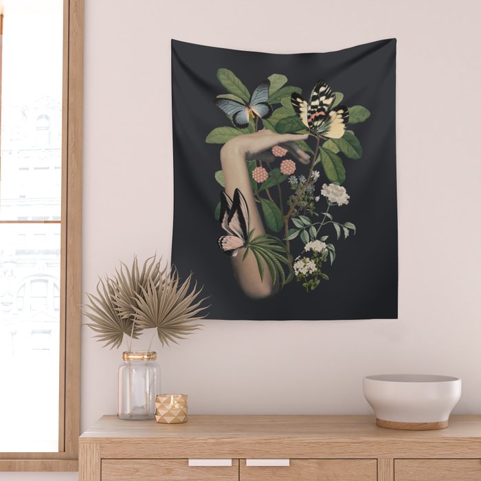 Minimal Collage/ Hand, Plants and Butterflies 5 Wall Tapestry Gallery Image 2