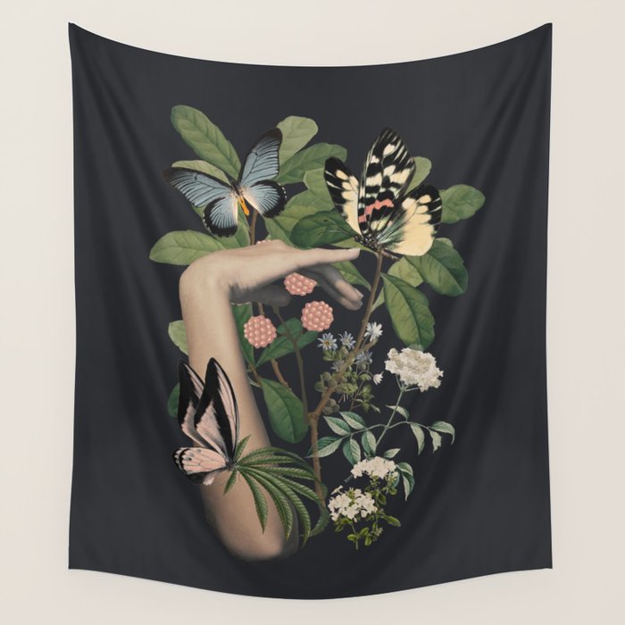 Minimal Collage/ Hand, Plants and Butterflies 5 Wall Tapestry Gallery Image 4
