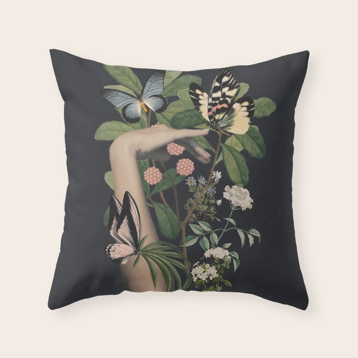 Minimal Collage/ Hand, Plants and Butterflies 5 Throw Pillow Gallery Image 1