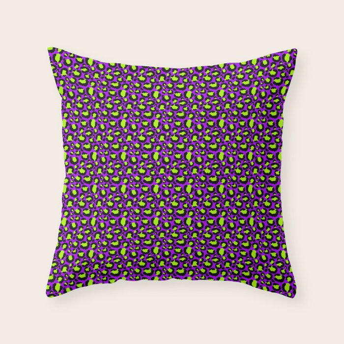 Neon Purple Green Leopard Pattern Throw Pillow Gallery Image 1