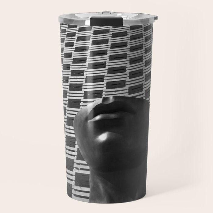 Pieces of You, Stark Modern Architecture and Male Sculpture black and white art photography Travel Mug Gallery Image 1